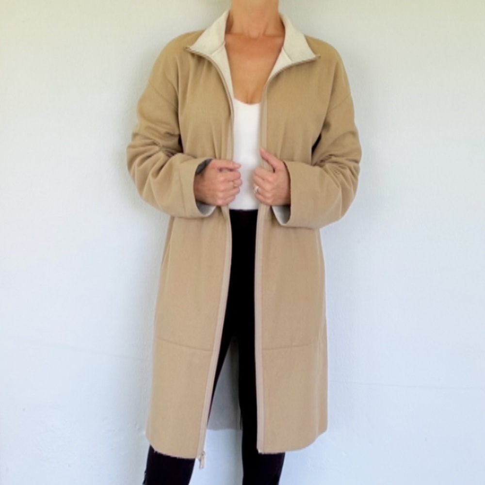 DKNY tan camel wool fleece zip front high neck long winter coat size large